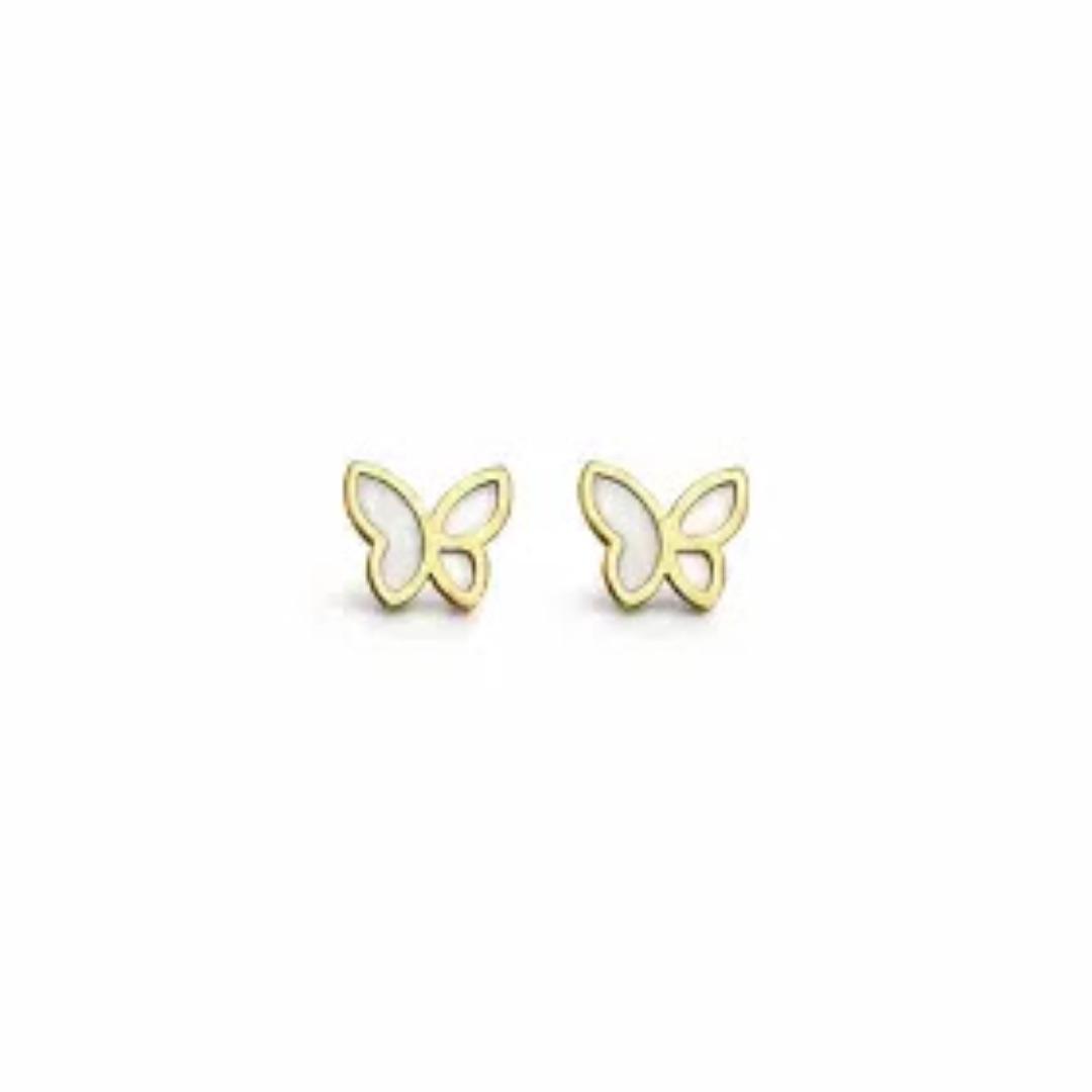 Aço Brinco banho dourado, Borboleta vazada resinada