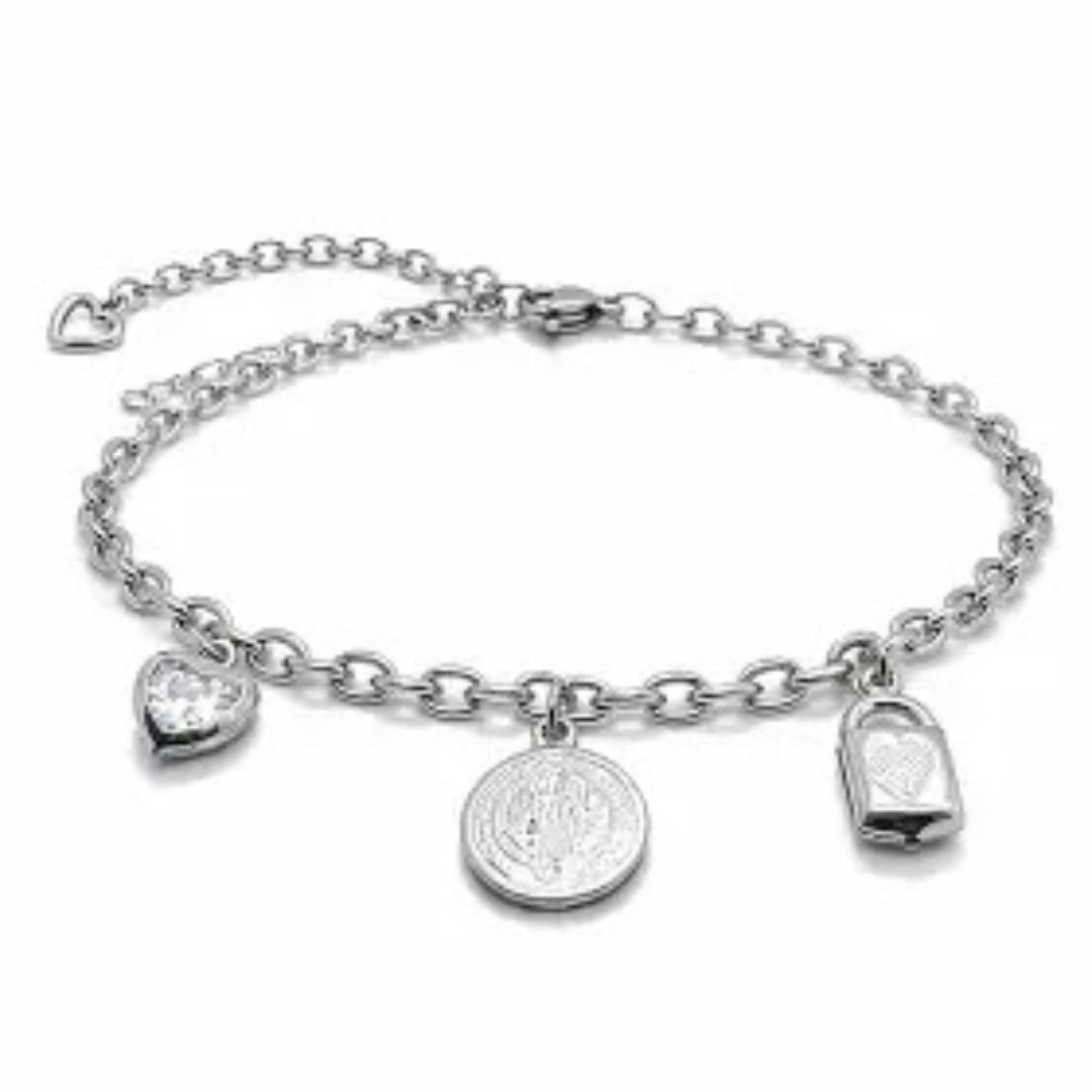 Aço Pulseira São Bento, Cadeado e Coração cravejado